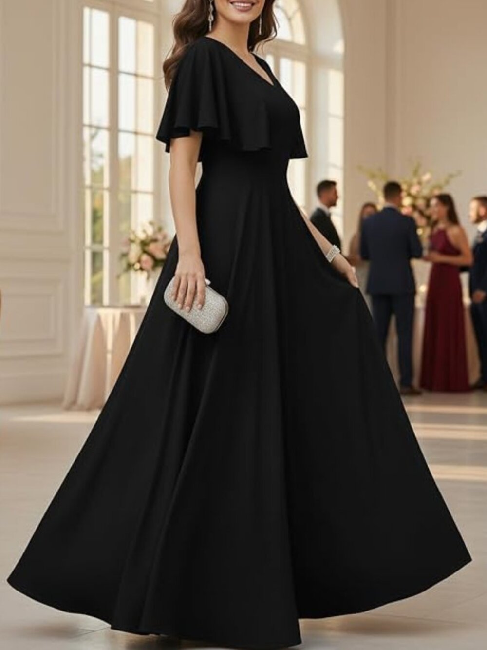 NWT KOH KOH Black Ruffle Capelet Maxi Dress Size L